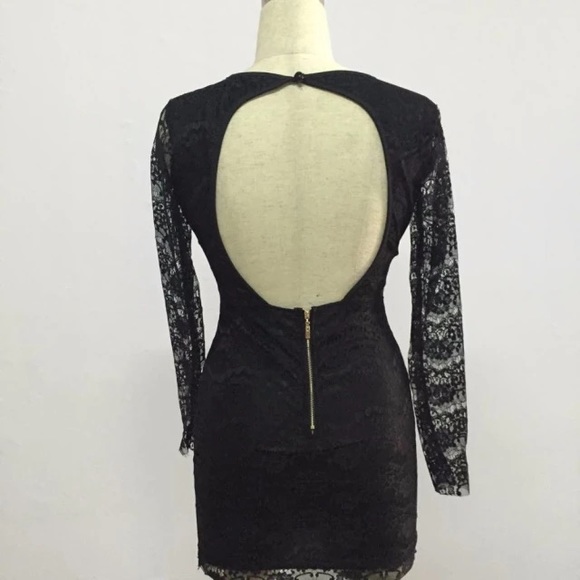 Yellow lace mini deep v open back dress - Picture 8 of 10